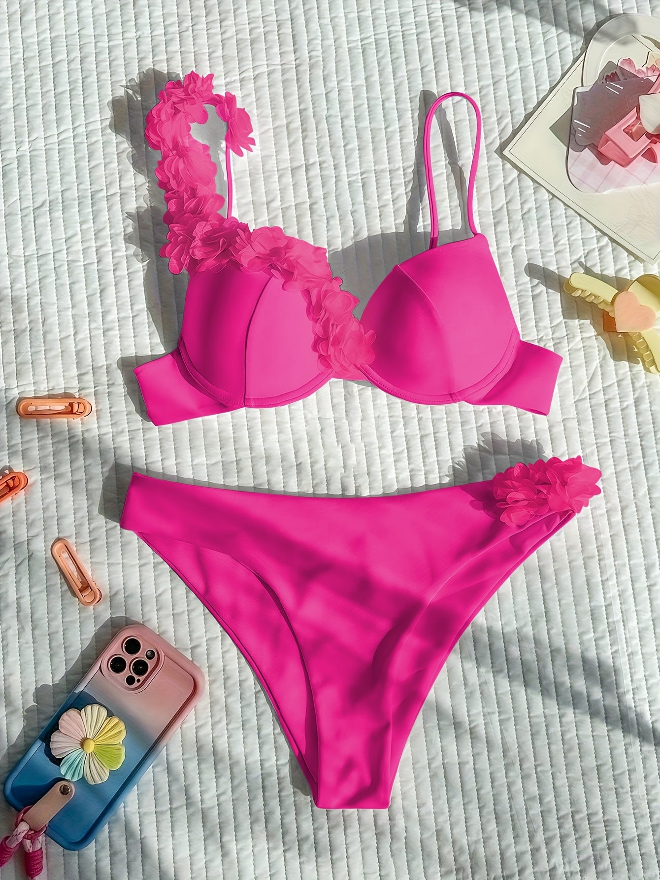 1pc Sexy Floral One-Shoulder Bikini Set, High Stretch Polyamide 80% Elastane 20%, Solid Color Knit Fabric Swimwear